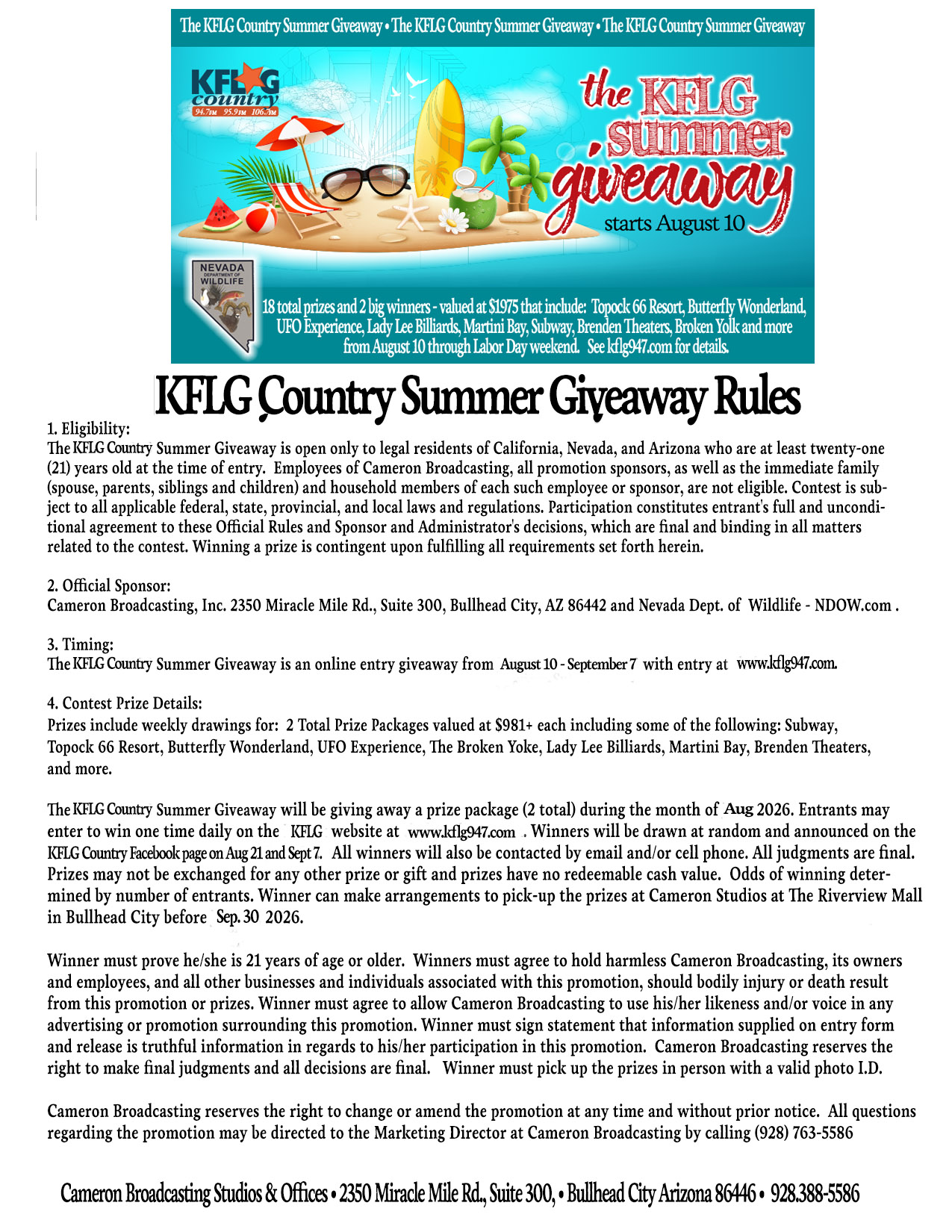 KFLG Country 2026 Summer Giveaway Contest Rules